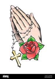 Tatuaje De Las Manos De Oracion Con Cruz Y Rosa Fower Ilustracion Vectorial Imagen Vector De Stock Alamy