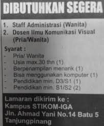 We did not find results for: Lowongan Kerja 2015 Batam Tanjungpinang Tgl 17 09 2015 Di Kampus Stikom Iga Arreza