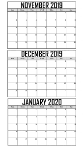 Free November December January 2020 Calendar Printable Pdf Word Excel Blank Printable Calendar Calendar Printables January Calendar Calendar Template