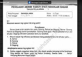 Buku bahasa jawa kelas 1 2 3 4 5 6 sesuai peraturan gubernur jawa timur nomor 19 tahun 2014. Soal Ulangan K13 Bahasa Jawa Kelas 3 Semester 2 Sekolahdasar Net