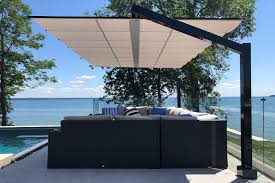 Manual retractable awnings have 100% solution dyed acrylic fabric to resist fading, mildew. Freestanding Canopies Shadefx