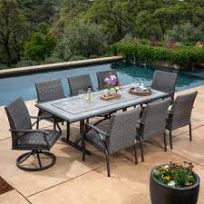 Six sunbrell cushioned stationary dining chairs. Sunvilla Indigo 9 Piece Woven Dining Set Costco