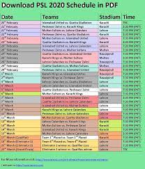 Psl 5 Schedule Fixture Time Table Psl 2020 Schedule Pdf Download Psl Schedule Psl Schedule