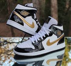 Air Jordan 1 Mid Patent Black White Gold Nike Jordan Air Mens Retro 1 Mid Patent Leather Black Gold And White In 2020 Jordan Shoes For Men Air Jordans Sneakers Fashion