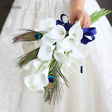 Colorful bridal bouquet with sunflowers and feathers. White Calla Peacock Feather Wedding Bouquet Unique Custom Artificial Flowers Royal Blue Ribbon Bridal Bouquet Broom Corsage 2018 Wedding Bouquets Aliexpress
