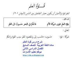 شرح درس قوة العلم مادة اللغة العربية للصف السابع الفصل الاول 2020