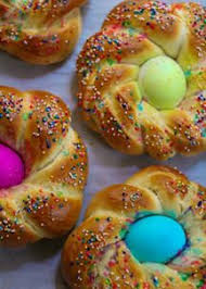 1 package rapid rise (instant) yeast (about 2¼ teaspoons) 1¼ cups milk pinch of salt ⅓ cup butter 2 eggs, beaten ½ cup sugar 3 ½ cups flour (approximate) 1 egg, beaten with 1 teaspoon of water 6 dyed easter eggs sprinkles or decorative sugar boiling water. Italian Easter Bread Pane Di Pasqua Italian Easter Bread Easter Bread Italian Easter