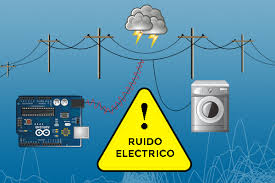 Ilustración del ruido eléctrico en instalaciones eléctricas, mostrando interferencias causadas por electrodomésticos y condiciones atmosféricas en líneas de transmisión.