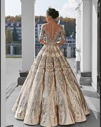 Ball Gown Long Sleeve Lace Appliques Prom Dresses Beads Long Wedding Dress In 2020 Ball Gowns Gold Wedding Gowns Long Wedding Dresses