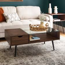 Mid Century Dark Walnut Wood Glass Coffee Table Coffee Table Glass Coffee Table Farmhouse Coffee Table Decor