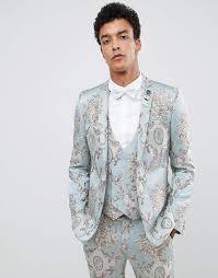 Black And White Floral Suit Harry Styles Asos Design Skinny Suit Jacket In Duck Egg Jacquard With Sequined Parrot