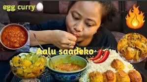 Potato eggs cary // rice sadeko karela // Nepali khana mukbang