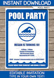 Pool party invitation template, pool party invitation, pool birthday party invitation, blue watercolor pool party, instant download. Pool Party Invitations Birthday Party Template