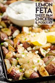 Lemon Feta Sheet Pan Chicken Thighs Potatoes Are A Healthy And Easy Dinner Recipe With Greek Inspired Flavors W In 2020 Pan Chicken Thighs Chicken Dinner Pan Chicken