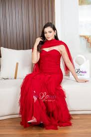 فستان سهرة أحمر ضيق مع خياطة ناعمة مع وشاح متدلي (طلب خاص) - Loaa Fashion -  لؤى فاشن