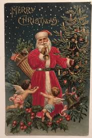 Christmas Silk Santa Claus W Angels Cherubs Toy Basket Usa Flag Postcard A270 Christmas Papa Noel Carte Noel Pere Noel