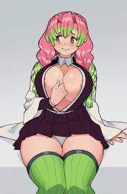 thighhighs, mole under eye, nipples, skirt, green legwear - Anime R34