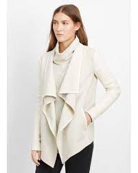 Vince Natural Wool Blend Drape Neck Jacket With Leather Sleeves Leather Sleeve Wool Blend Fashion