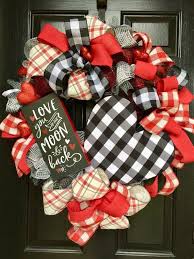 Black And White Checkered Ribbon Wreath Handmade Deco Mesh Base Wreath With Custom Buffalo Plaid Fabric Wood Heart Black White And Red Themed Ribb Buffalo Plaid Fabric Valentine Decorations Wreaths