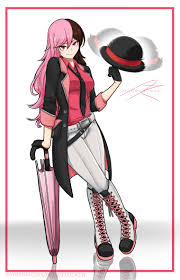 moddedjoker, neo politan, rwby, absurdres, highres, 1girl, belt, black  gloves, black jacket, boots, breasts, brown eyes, brown hair, crossed legs,  full body, gloves, hair between eyes, hat, heterochromia, holding, holding  clothes, holding