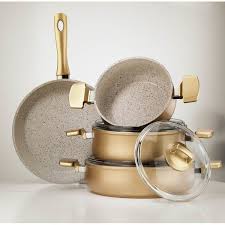 Hisar Neptune 7 Piece Aluminum Non Stick Cookware Set Gold Kitchen Accessories Cookware Set Gold Kitchen