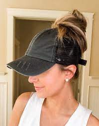 Messy Bun Messy Bun High Ponytail Distressed Black Trucker Etsy Black Trucker Hat Messy Bun Outfit Trucker Hat