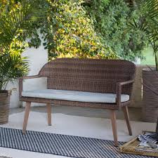 Coral Coast Pruitt Resin Wicker Outdoor Bench With Cushion Indoor Wicker Furniture Affordable Outdoor Furniture Outdoor Bench