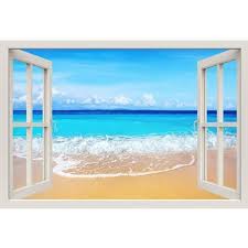Window Frame Mural Beach Huge Size Peel And Stick Fabric Illusion 3d Wall Decal Photo Sticker 3d Wall Decals Beach Wall Decals Mural