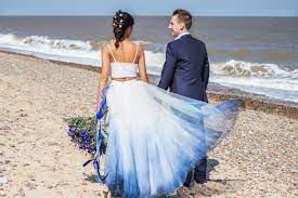 Boho Beach Wedding With Ombre Dress And Blue Wedding Cake Boho Beach Wedding Blue Beach Wedding Blue Wedding