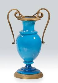 Vase Balustre En Opaline De Cristal Turquoise Col Anses Serpents Et Base En Bronze Cisele Et Dore Epoque Restauration Haut 1 Opaline Blenko Glass Antiques