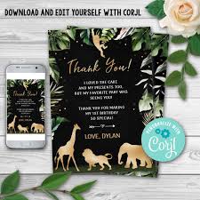 Editable Gold Wild Animal Thank You Card Jungle Birthday Etsy In 2020 Birthday Thank You Cards Thank You Cards Birthday Thank You