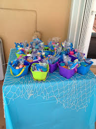 Little Mermaid Party Net On Favor Table And Dessert Table Shark Themed Birthday Party Mermaid Party Favors Little Mermaid Parties