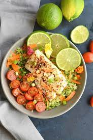 Spicy Halibut Broccoli Rice Bowl Salmon Dishes Halibut Halibut Recipes