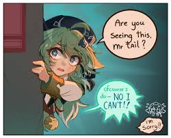 huohuo (honkai: star rail), honkai: star rail, honkai (series), 1girl,  ahoge, black hat, blue eyes, english text, flying sweatdrops, green hair,  hair ornament, hat, long hair, long sleeves, open mouth, oversaltedcat,  paw-shaped