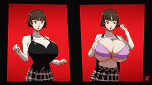 ydbunny, niijima makoto, persona, persona 5, commission, highres, 1girl,  alternate breast size, bra, braid, breast expansion, breasts, brown hair,  bursting breasts, crown braid, huge breasts, implied transformation, red  background, red eyes, school