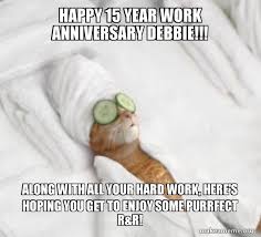 35 memes to hilariously ring in your work anniversary. Happy 15 Year Work Anniversary Debbie Along With All Your Hard Work Here S Hoping You Get To Enjoy Some Purrfect R R Pampered Cat Meme Make A Meme
