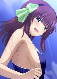 lelie (lelie link), nakamura yuri, angel beats!, commentary request,  highres, paid reward available, 1girl, :d, bare arms, black hairband, blue  one-piece swimsuit, blunt bangs, blush, bow, breasts, day, from side, green  bow,