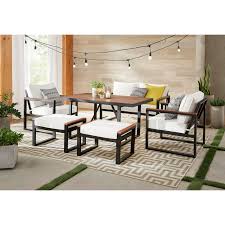 Hampton Bay West Park 6 Piece Aluminum Rectangle Outdoor Dining Set With Cushionguard White Cushions 501 0605 000 The Home Depot Outdoor Dining Set Patio Dining Table Outdoor Dining Table