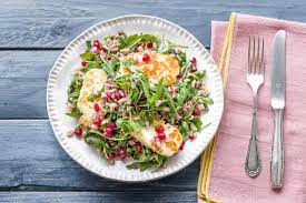 Jewelled couscous salad with haloumi. Jewelled Haloumi Pearl Barley Salad Recipe Hellofresh Haloumi Recipes Low Carb Recipes Barley Salad Recipes