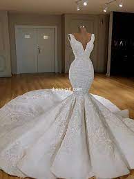 Luxurious Mermaid V Neck Open Back White Lace Wedding Dresses With Train Dg1230002 Wedding Dresses Ball Gowns Wedding Corset Mermaid Wedding Dress