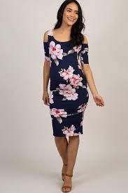Navy Floral Fitted Cold Shoulder Maternity Dress Pinkblush