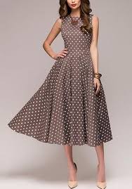 Brown Polka Dot Draped Tutu Round Neck Elegant Party Midi Dress Polka Dress Midi Dress Party Dresses