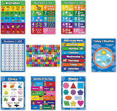 A chart such as the one above might work well for children who are no longer interested in cartoon characters. Buy Toddler Learning Laminated Poster Kit 10 Educational Posters For Preschool Kids Abc Alphabet Numbers 1 10 Shapes Colors Numbers 1 100 Days Of The Week Months Of The Year Weather Chart Online In Greece B073hyb6ft