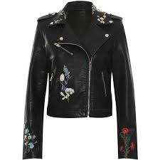Wearall Faux Leather Floral Embroidered Biker Jacket 80 Liked On Polyvore Feat Leather Jackets Women Faux Leather Jacket Women Cropped Faux Leather Jacket