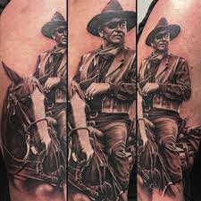 Tattoo uploaded by Ross Howerton • John Wayne as Rooster Cogburn in True  Grit by Paul Boxall (IG—paulboxalltattoo). #blackandgrey #JohnWayne  #PaulBoxall #portraiture #realism #theDuke • Tattoodo