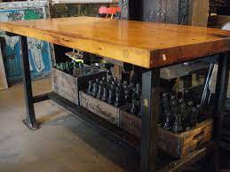 Antique Butcher Block Table With Metal Base And Lower Shelve 870 00 Butcher Block Table Block Table Butcher Block Tables