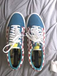 This release features a palette recognizable by a theme utilized by the odd future house brand, golf w. Vans Golf Wang Tyler The Creator Old Skool Pro 10 5 Red Blue Checkered Red Checkered Vans Golf Fashion Vans