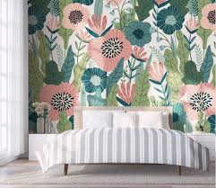 Colorful Plants Modern Floral Wallpaper Self Adhesive Peel And Etsy Modern Floral Wallpaper Wallpaper Walls Decor Floral Wallpaper