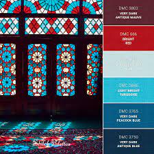 The stained glass collection was inspired by the beautiful art of stained glass and the vibrant tones used to create these masterpieces. Stained Glass In Shiraz Embroidery Color Palette With Thread Codes