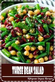 This Three Bean Salad Is A Blend Of Kidney Beans Green Beans And Garbanzo Beans All Tossed In A Sweet Bean Salad Recipes Green Bean Dishes Vegetarian Recipes